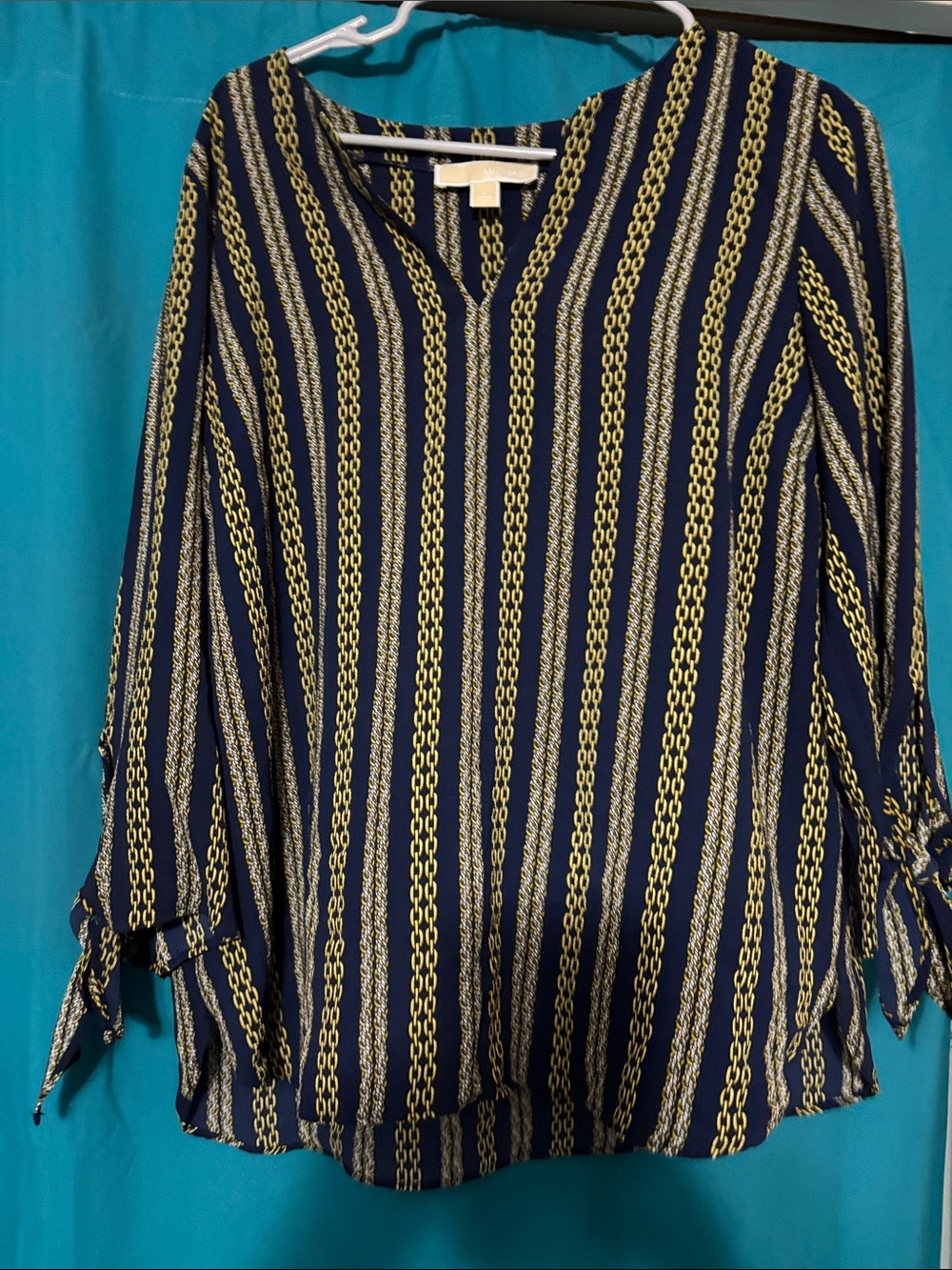 Michael Kors Navy and Gold Chain-Stripe V-Neck Blouse